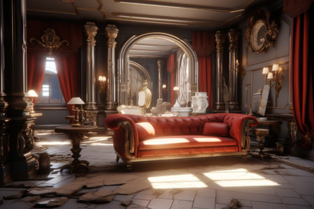 a red couch in the middle of an ornate roomの素材