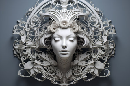 3d rendering of a womans face in an ornate frameの素材