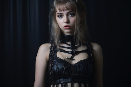 a beautiful young woman in a black leather outfitの素材