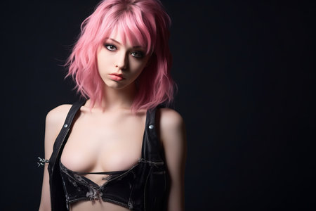 a beautiful young woman with pink hair and a leather vestの素材