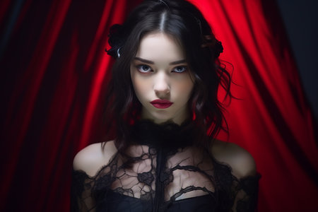 a beautiful woman in a black dress with red curtainsの素材