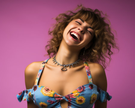 a woman in a floral print top is laughingの素材