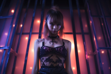 a woman in a corset standing in front of a jail cellの素材
