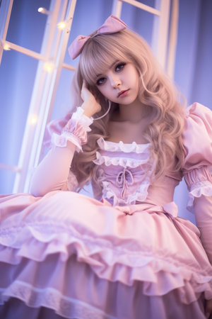 a girl in a pink dress sitting on a chairの素材