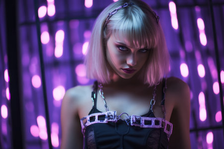 a woman in a leather corset with chains and a purple light behind herの素材