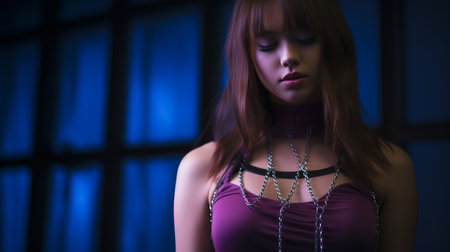 a woman in a purple dress with chains around her neckの素材