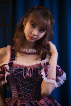 a woman in a purple dress posing for the cameraの素材