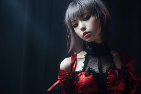 a young woman in a red dress with white hairの素材