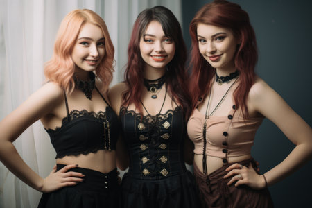 three beautiful young women posing for the cameraの素材