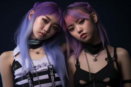 two asian girls with purple hair posing for the cameraの素材