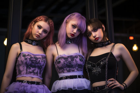 three young women in gothic outfits standing next to each otherの素材
