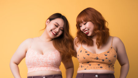 two asian women posing for the camera on a yellow backgroundの素材