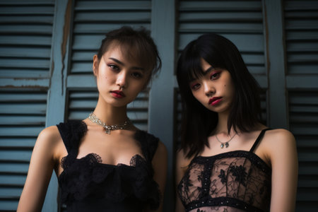 two asian women in black dresses standing next to each otherの素材