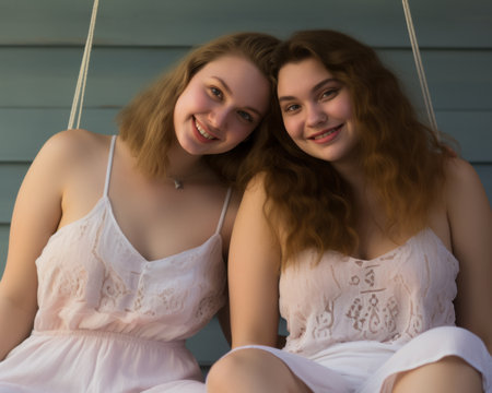 two girls sitting on a swingの素材