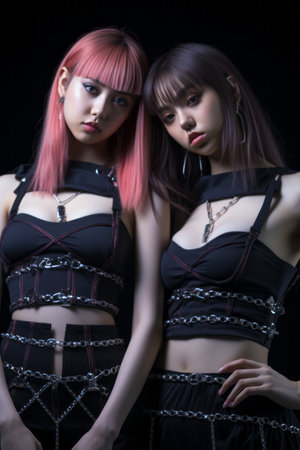 two asian women in black outfits with chains around their necksの素材