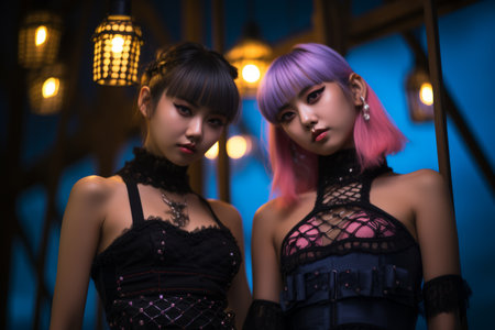 two asian women in gothic outfits standing next to each otherの素材