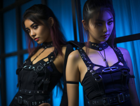 two asian women dressed in black and leatherの素材
