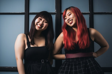 two asian women with red hair posing for the cameraの素材