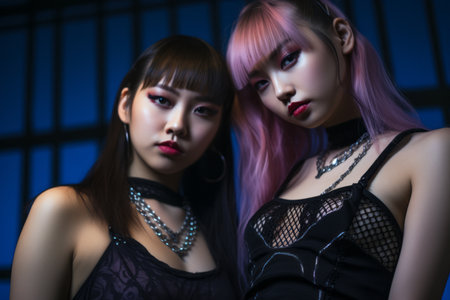 two asian women with pink hair posing for the cameraの素材