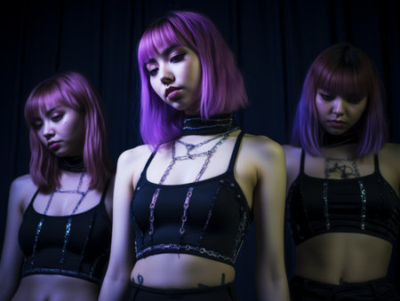 three young women with purple hair standing in front of a dark backgroundの素材
