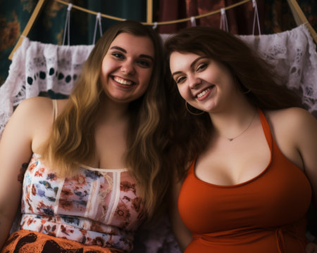 two women are smiling while sitting on a bedの素材