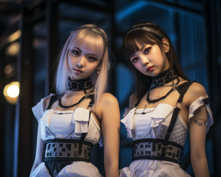 two asian women dressed in black and whiteの素材