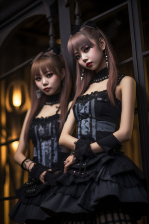 two women dressed in gothic outfits standing next to each otherの素材