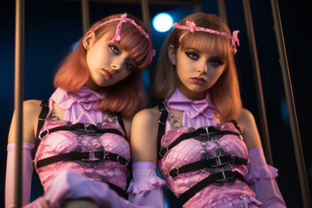 two women dressed in pink outfits sitting in a cageの素材