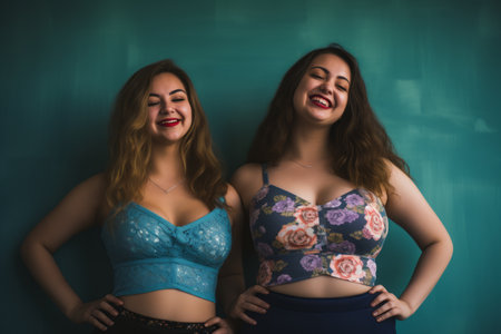 two women in bras standing next to each otherの素材