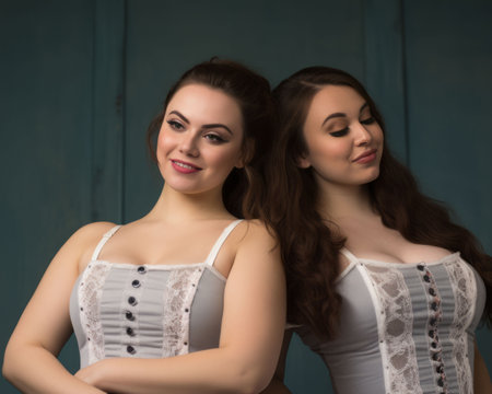 two women in corsets posing for the cameraの素材