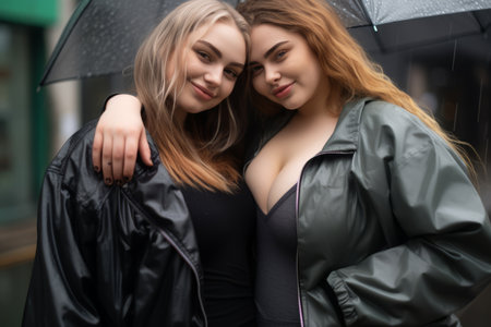 two women posing for the camera under an umbrellaの素材