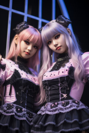 two women dressed in gothic outfits standing next to each otherの素材