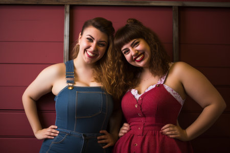 two women in overalls standing next to each otherの素材