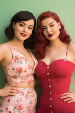 two women in red and pink dresses posing for the cameraの素材