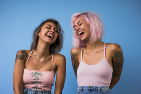 two women with pink hair and tattoos are laughingの素材