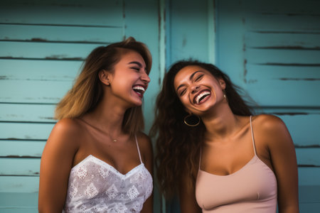 two women laughing in front of a blue doorの素材