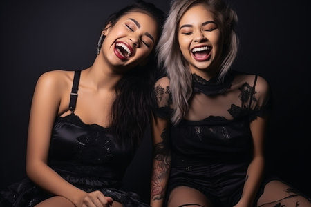 two young women in black dresses laughing and smilingの素材