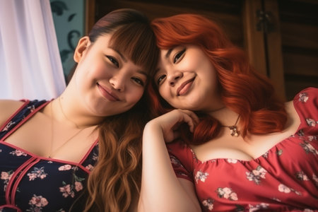 two women with red hair posing for the cameraの素材
