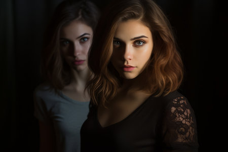 two young women standing in front of a dark backgroundの素材