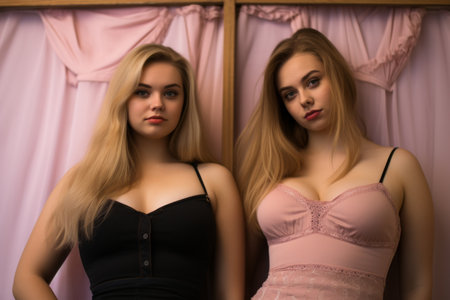 two young women in lingerie pose for the cameraの素材