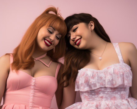 two women in pink dresses posing for the cameraの素材
