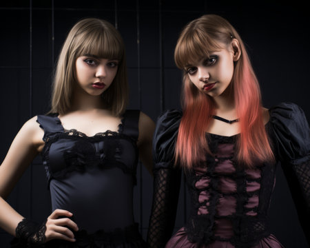 two young women dressed in gothic clothing posing for the cameraの素材
