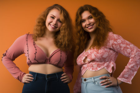 two young women standing next to each other on an orange backgroundの素材