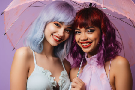 two women with colorful hair posing under an umbrellaの素材