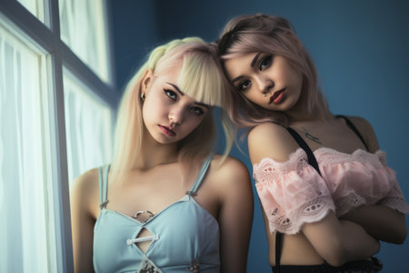 two young women with blonde hair standing next to a windowの素材