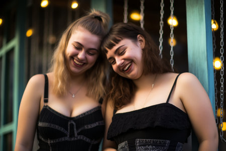two young women are laughing together in front of a windowの素材