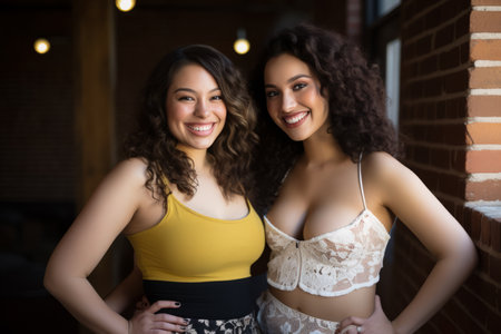 two young women posing for a photo in front of a brick wallの素材