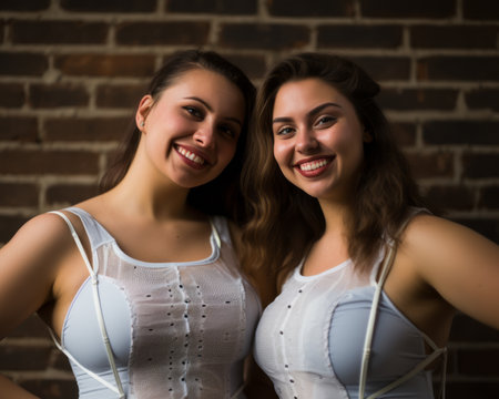 two young women posing for a photo in front of a brick wallの素材