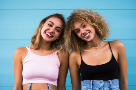 two young women with curly hair standing next to each otherの素材