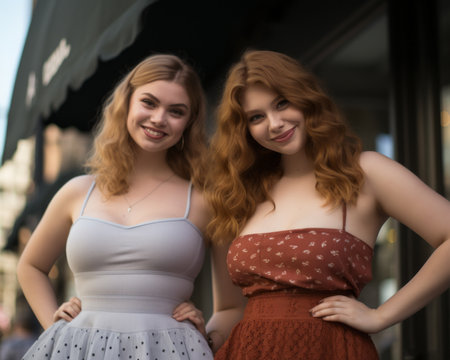 two young women posing for a photo on the streetの素材
